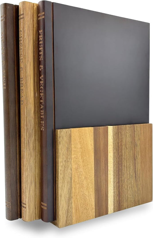 The Cutting Board Library | 100% Acacia Wood | Set of 3 Decorative Kitchen Boards with Wooden Stand | Cheese, Bread & Charcuterie Display | Statement Countertop Accent