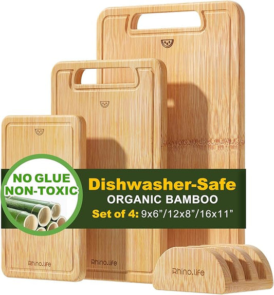 Bamboo Wood Cutting Board 4-Piece Set, Dishwasher Safe, Organic Bamboo, No Glue & Non-Toxic & Healthy, with Juice Groove, Lightweight & Durable, Plastic-Free Kitchen Chopping Board for Meat