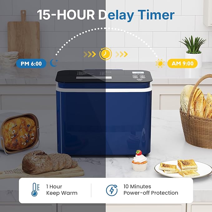 2.2LB Bread Maker, 21-in-1 Programmable Bread Machine with Digital Touch Panel, 3 Loaf Sizes 3 Crust Color, Keep Warm, 15H Timer, Blue Bread Making Kit & Breakfast Maker with Nonstick Pan