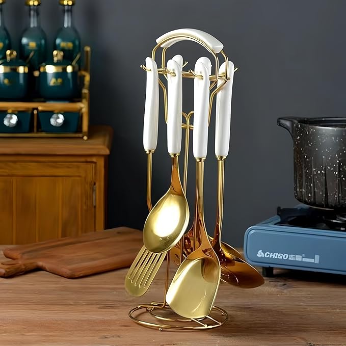 Gold Kitchen Utensils,7 Pieces Cooking Utensils Set,Kitchen Tools Set With Utensil Holder, Gold Kitchen Accessories,Dishwasher Safe, Easy To Clean(White)