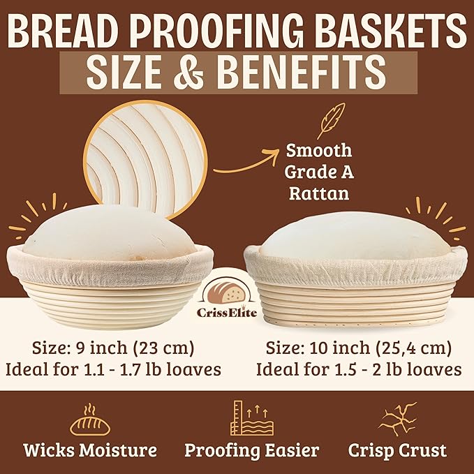Sourdough Starter Kit – Complete Sourdough Bread Baking Supplies with 24oz Glass Sourdough Starter Jar, 9” Round & 10” Oval Banneton Proofing Basket Set, Sourdough Tools