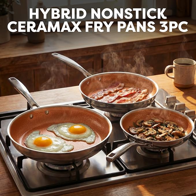 Gotham Steel Hybrid 3pc Stainless Steel Non Stick Frying Pans Set, 8,10,12 inch Ceramic Frying Pan Skillet Set, Induction Ready, Made without PFAS & PFOA, Oven and Dishwasher Safe - Copper