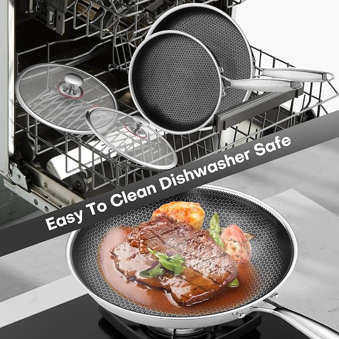 Lazycorner Non Stick Frying Pans Skillet with Lid, 12 Inch Stainless Steel Kitchen Cookware Pots, Non toxic Healthy Induction Compatible PFAS PTFE PFOA PFOS Free