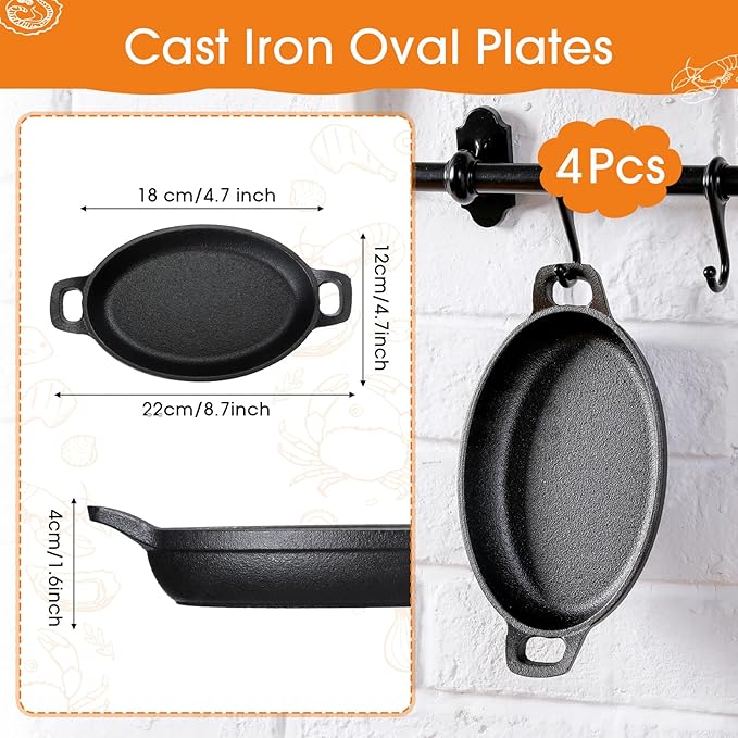Mifoci 4 Pcs Oval Serving Dish Mini Cast Iron Skillet Cast Iron Baking Pan Sizzling Plate Matte Black Gratin Cookware for Home Restaurant Kitchen Food Service Barbecue (7.1" X 4.7")