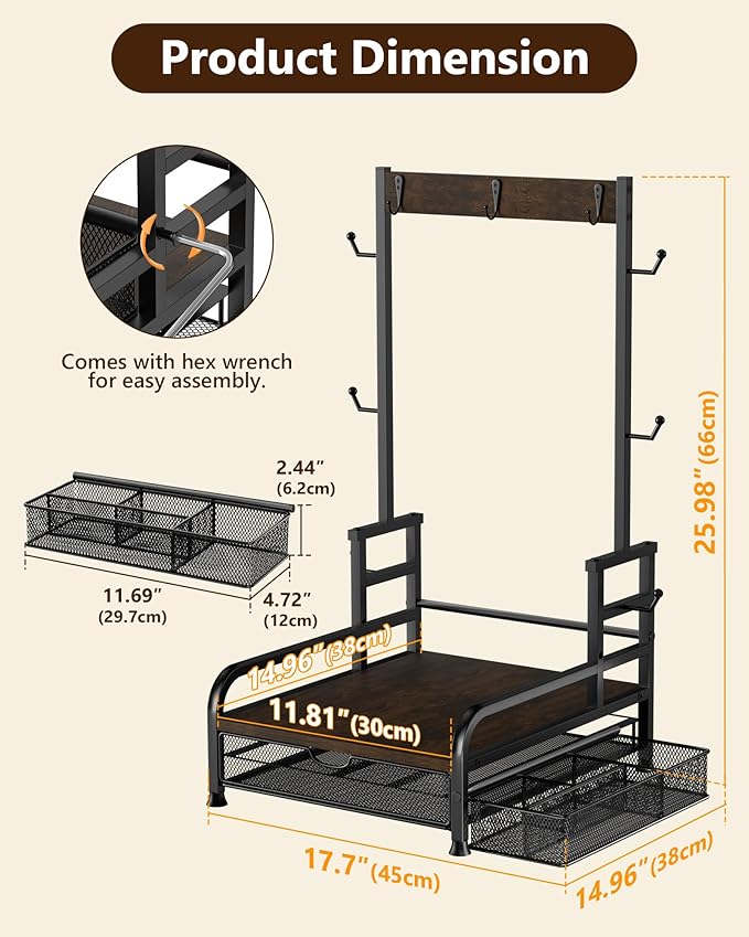 Coffee Station Organizer with Pod Drawer, 40 Pods for Nespresso /28 Pods for K Cup, Coffee Mug Holder with 9 Hooks & 1 Extra Storage Basket, Coffee Bar Organizer for Keurig Machine, Kitchen, Cafe