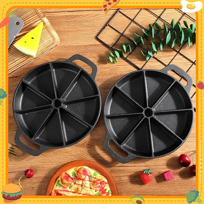 Tioncy 2 Pcs Cast Iron Biscuit Pan Cast Iron Muffin Seasoned Mini Cake Scone Donut Pie Pan for Baking, Egg, Corn Bread, Cupcakes & Dessert (Wedge Style)