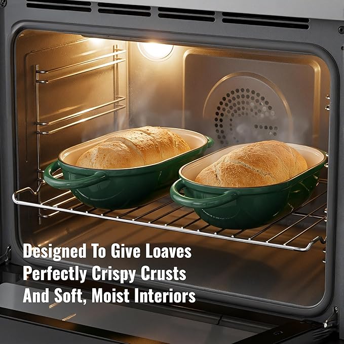 2 QT Oval Dutch Oven for Bread Baking, Enamelled Cast Iron Bread Oven for Sourdough, Sourdough Loaf Pan with Lid, Heavy-Duty Non Stick Bread Pan for Homemade Bread Baking, Green