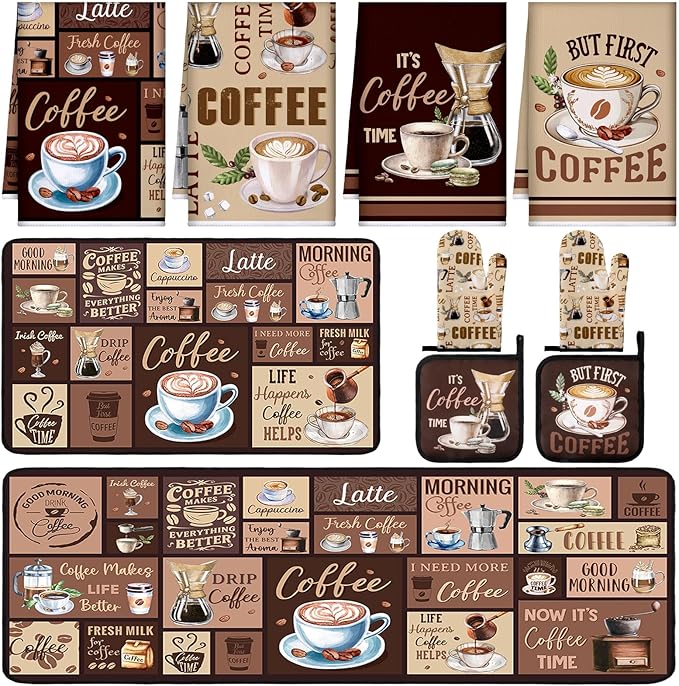 10 Pcs Coffee Kitchen Decor and Accessories Coffee Oven Mitts and Pot Holders Set Dish Towels Farmhouse Kitchen Decor Vintage Brown Gloves for Chef Baking Cooking Grilling BBQ Women Gift