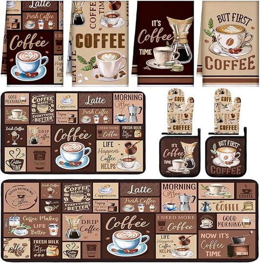 10 Pcs Coffee Kitchen Decor and Accessories Coffee Oven Mitts and Pot Holders Set Dish Towels Farmhouse Kitchen Decor Vintage Brown Gloves for Chef Baking Cooking Grilling BBQ Women Gift
