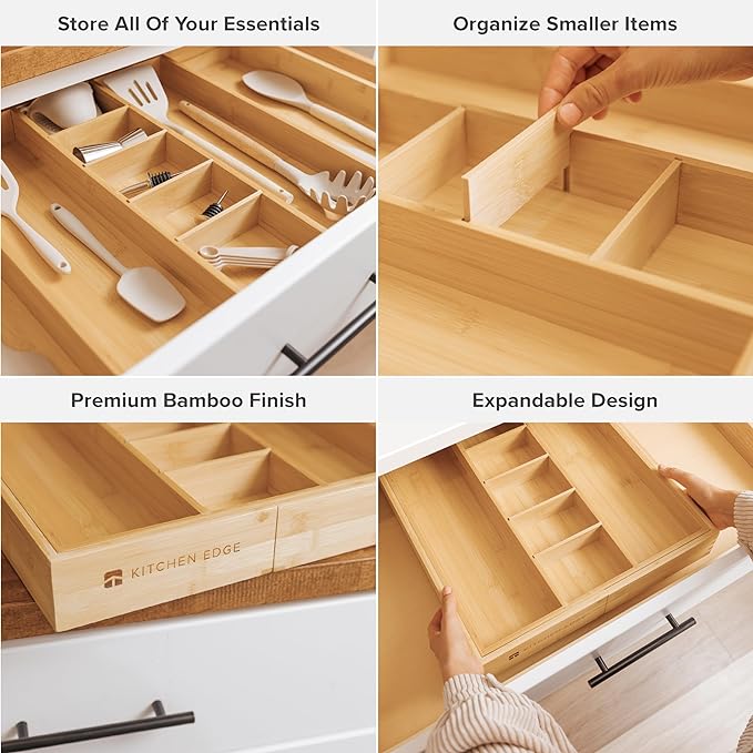 KitchenEdge Adjustable Bamboo Kitchen Drawer Organizer for Utensils and Junk, Expandable to 28 inches Wide, 9 Compartments