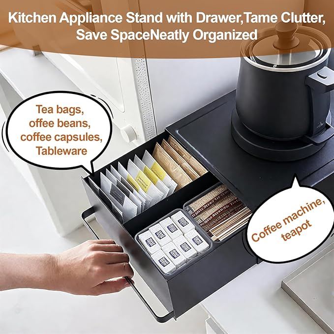 Coffee Pod Organizer Storage Box with Drawer, Space Saving Under-Appliance Storage Holder for Countertop for Kettle, Coffee Makers, Mixers, Sugar, Tea Bags, Coffee Pod