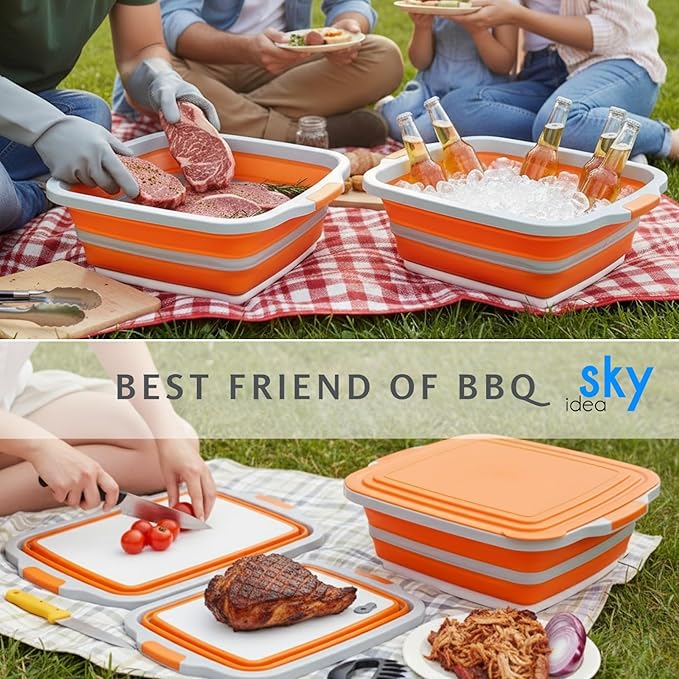 Collapsible BBQ Prep Tub with Lid - XL 4.22 GAL Folding Cutting Board & Food Basin for Outdoor Cooking, Marinating Container, Space Saving Prep Station