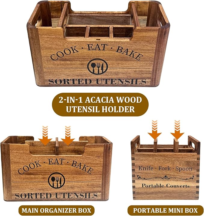 2-in-1 Upgraded Kitchen Utensil Holder for Counter or Countertop, Extra Large Utensil Holder with Removable Portable Organizer, Acacia Rustic Wooden Utensil Holder for Storage Cooking and Silverware