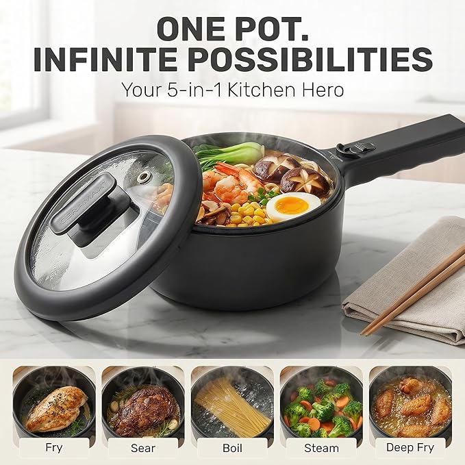Hot Pot Electric 1.5L CERAMAX, Non-Toxic Ceramic Cooker with Steamer & Lid for Ramen, Pasta, Eggs, Soup - Portable for Dorms, Camping, RVs, Office, Adjustable Temp