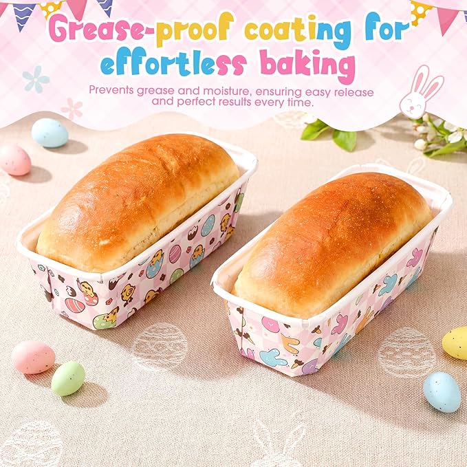 Honeydak 100 Sets Easter Paper Baking Pans Bulk Paper Loaf Pans for Baking 6.3 x 2.2 x 2.2 in Spring Disposable Serving Tray Bunny Chick Egg Patterns Party Supplies (Easter)