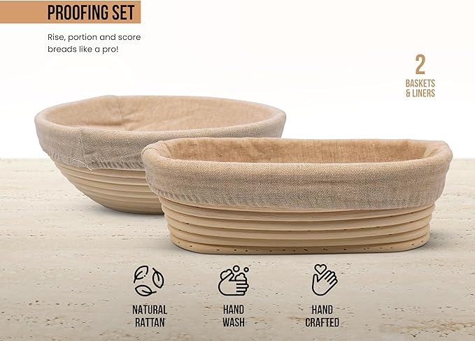 Kook Banneton Bread Proofing Baskets, Artisan Sourdough Bread Making Baskets, 9 Inch Handwoven Rattan Baskets, 1 Round and 1 Oval Basket, and 2 Cloth Liners, Set of 2