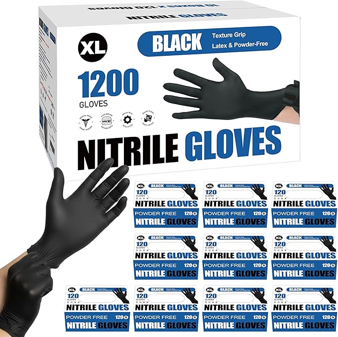 Fixwal 1200pcs Black Disposable Nitrile Gloves, Cleaning Service Gloves, Latex Free, Powder Free, Disposable Gloves for Cooking, Cleaning