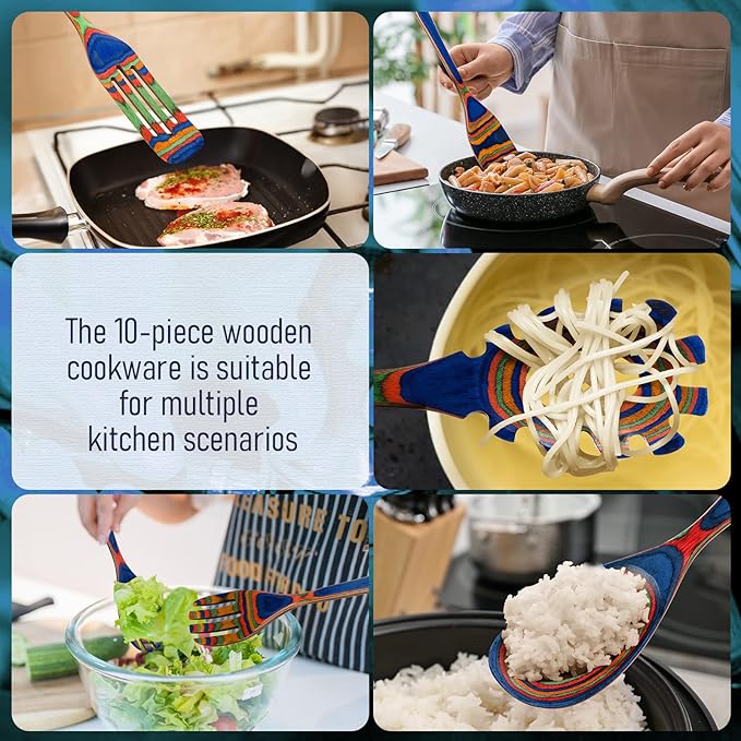 10 Pcs Pakkawood Kitchen Utensils Set Blue Rainbow Pakkawood Wooden Spoons for Cooking with Spatula, Slotted Turner, Rice Paddle Long Handle Non Stick Utensils Set for Household Women Gifts