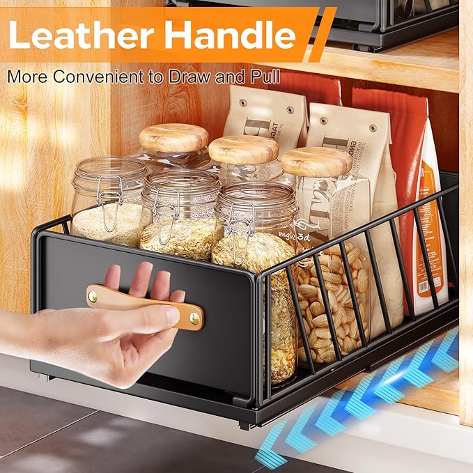 Pull out Cabinet Organizer Fixed with Adhesive Nano Film,Heavy Duty Slide out Pantry Shelves Drawer Storage,Sliding Mesh Cabinet Basket with Handle for Kitchen, Bathroom,Home, 9.8"WX 15.7"D X 6.2"H