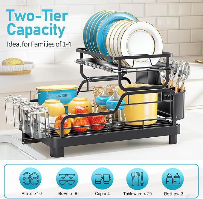 TOOLF Dish Drying Rack,2 Tier Dish Drying Rack with Large Drainboard,Dish Racks for Kitchen Counter and Sink,Stainless Steel Dish Drainers with Cup ＆ Utensil Holders,Black