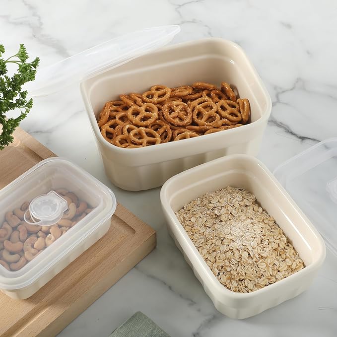 Martha Stewart Broadbrook 6 Piece Stoneware Meal Prep Container Set with Lids, Rectangular Food Storage & Bakeware, Cream, Oven, Microwave & Dishwasher Safe
