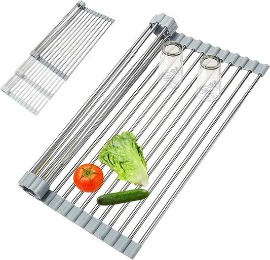 Expandable Roll-UP Dish Drying Rack-Large 304 Stainless Steel Dish Drainer Over The Sink for Kitchen Countertop,Extendable for Most Kitchen Sinks (Silver,22.08'x 13.2')