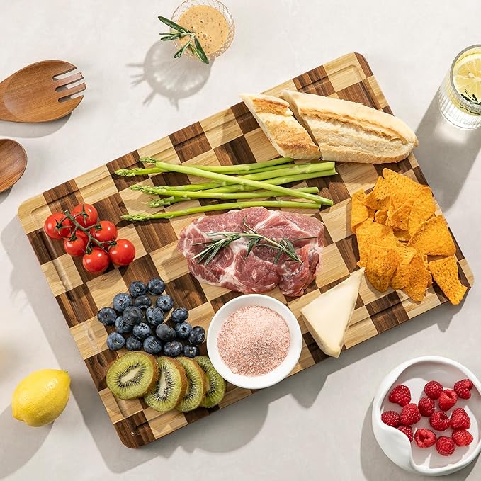 Decorative Checkered Thick Bamboo Cutting Board, End Grain Wood Chopping Board for Kitchen, Non-slip, Long-Lasting & Crack-Resistant, Serving Tray, Perfect Housewarming Gift 16.5”x11.6”x0.8”