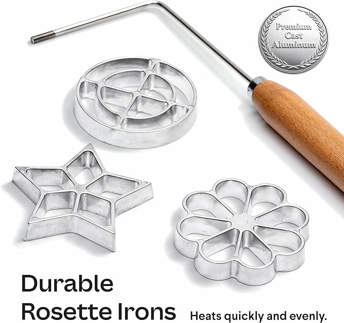 Swedish Rosette Iron Set with Handle Cooking Gifts – Rosette Maker & Bunuelos Mold Valentine's Day Baking Essentials | Funnel Cake Maker & Waffle Iron Kit – Rosettes Unique Baking Gift Set for Women