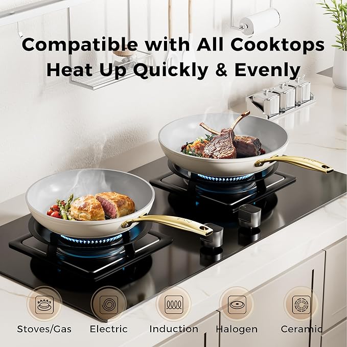 Sanho 2-Piece Nonstick Frying Pan Set (10 & 12 Inch), Diamond-Titanium Ceramic Coating PFAS/PFOA Free, Oven & Dishwasher Safe Skillets, Induction Compatible with Cool Touch PVD Handles