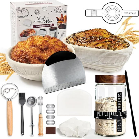 Sourdough Starter Kit,40oz Sourdough Starter Jar with Wooden Lid,2 Banneton Bread Proofing Baskets (9”Round & 10”Oval),Bread Making Supplies Tools,Sourdough Bread Baking Supplies,for Baking Beginners