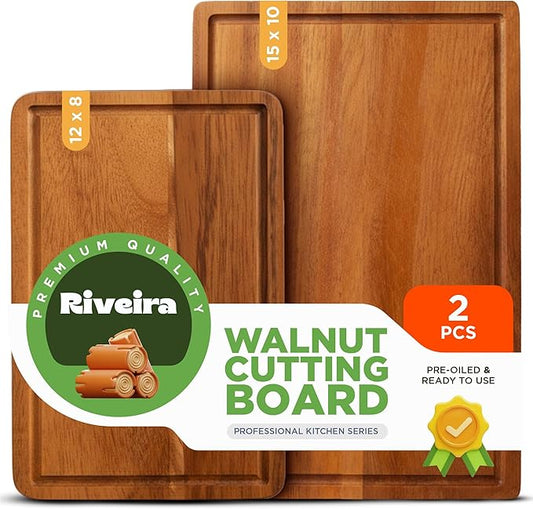 Riveira Walnut Wood Cutting Board – Versatile And Durable: Set Of 2 Pcs Rectangular Wooden Cutting Board – Natural Wooden Cutting Boards For Kitchen – Complete Walnut Wooden Chopping Board