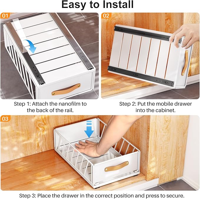 Pull out Cabinet Organizer Fixed with Adhesive Nano Film,Heavy Duty Slide out Pantry Shelves Drawer Storage,Sliding Mesh Basket with Handle for Kitchen, Bathroom,Home, 11.8W"X 15.7D"X6.2"H(4PCS)