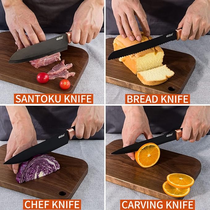 elabo Kitchen Knife Set - 16 Pcs Knife Set with Acrylic Block and Sharpener, Stainless Steel Knives Set for Kitchen Includes Sharp Knives, 6 Serrated Steak Knives, Dishwasher Safe(Rose Gold)