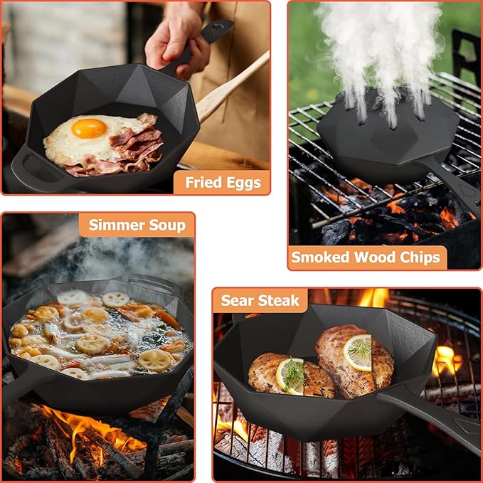Cast Iron Skillet with Lid Pre-seasoned Cast Iron Pans, Smoker Box for Open Fire, Oven, Stovetop, Grill Safe Cookware Set +Scraper/Cleaner+Silicone Anti-Scalding Gloves