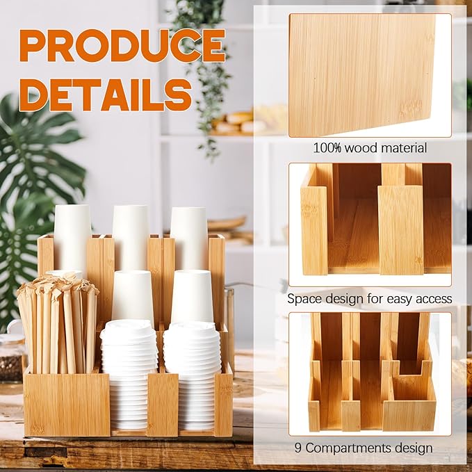 Bamboo Vertical Coffee Cup and Lid Dispenser, Coffee Condiment Organizer, 9 Compartment for Disposable Paper & Plastic Cup, for Cabinet Station Home Countertop Bar 13''l x 13''w x 12''h