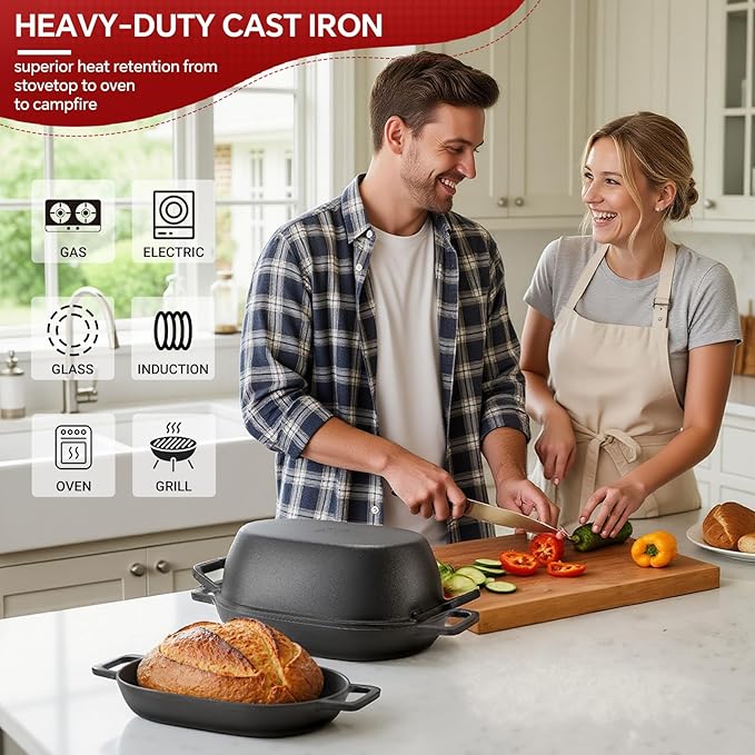 12"x8" Oval Cast Iron Dutch Oven for Bread Baking，Pre-Seasoned Combo Cooker with Lid, Perfect for Sourdough, Artisan Loaves & Family Meals,5 Qt