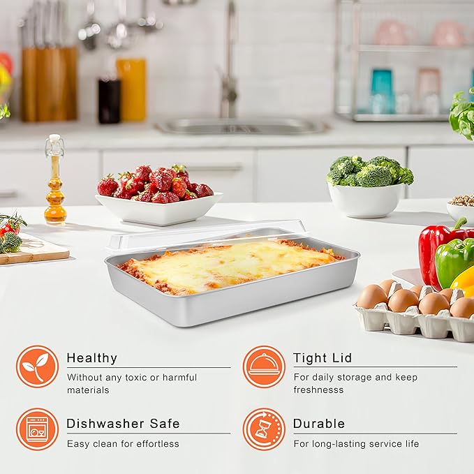 Herogo Baking Pan with Lid, 8 x 10 Inch Nonstick Rectangle Stainless Steel Cake Pan Sheet, Deep Cakes Bakeware with Lid for Brownies Casseroles, Non Toxic & Dishwasher Safe, Set of 2