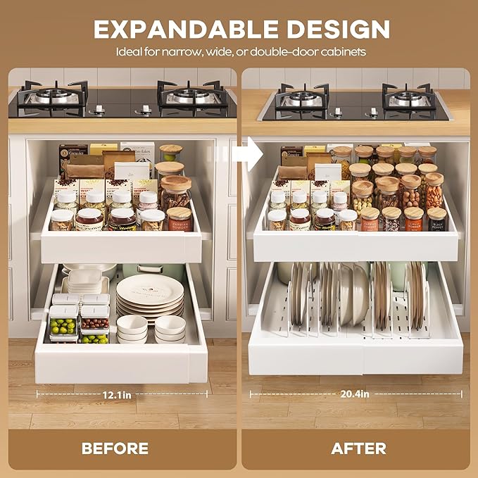4 Pack Pull out Cabinet Organizer 21"Deep with Raising Pad for Framed Cabinets, Expandable Slide out Drawers for Kitchen Cabinets with 4pcs Divider Racks, Roll out Shelves 12.1"-20.4" W White