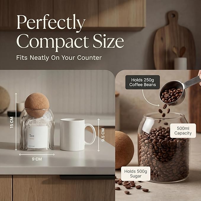 Coffee Tea Sugar Container Set - 3 Unique Cork Ball (17oz) Glass Jars -Kitchen Canister Set of 3-Jars for Coffee Station