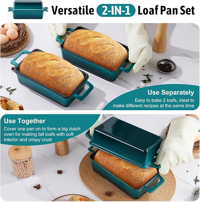 P&P CHEF 2-In-1 9 x 5 Inch Cast Iron Loaf Pan with Lid (Dark Green), Bread Loaf Pans for Baking Homemade Sourdough Bread, Meatloaf, Toast, Cake, Nonstick & Healthy & Sturdy, 2 Piece Set