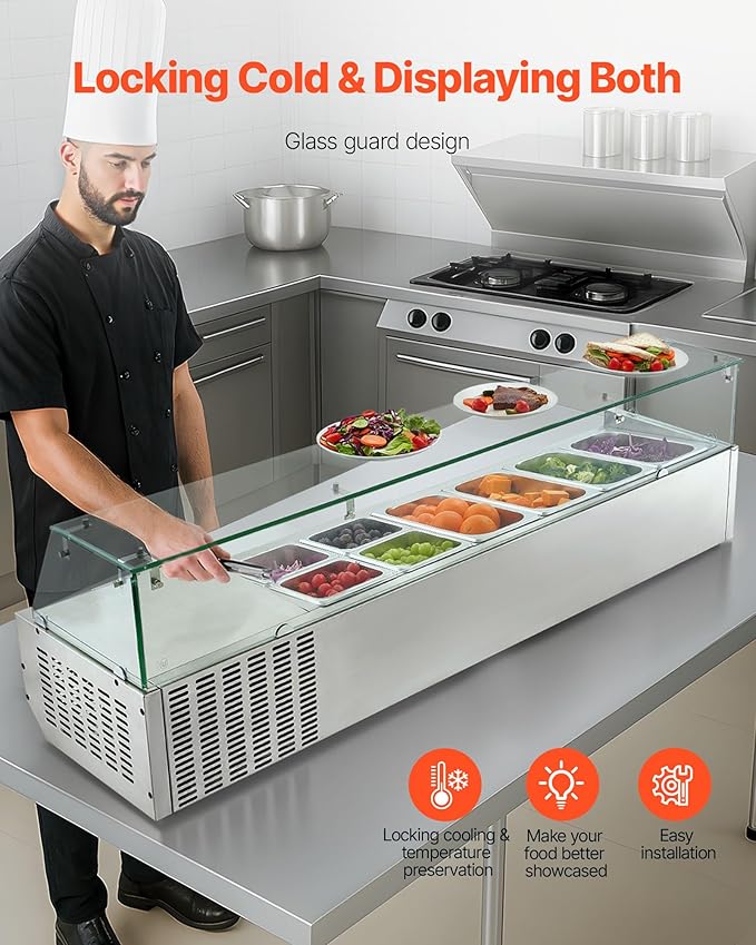 VEVOR Refrigerated Condiment Prep Station, 130 W Countertop Refrigerated Condiment Station, with Four 1/3 Pans & Four 1/6 Pans, 304 Stainless Body and PC Lid, Sandwich Prep Table with Glass Guard