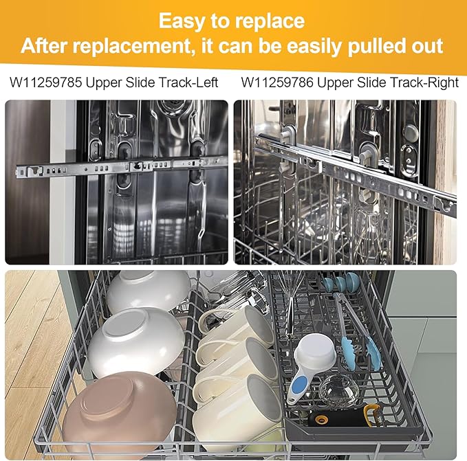 W11259785 W11259786 Dishwasher Rack Slide Track Replacement, Left & Right Dishwasher Upper Dishrack Slide Track Compatible with Whirlpool, KitchenAid, Kenmore, Maytag Dishwashers