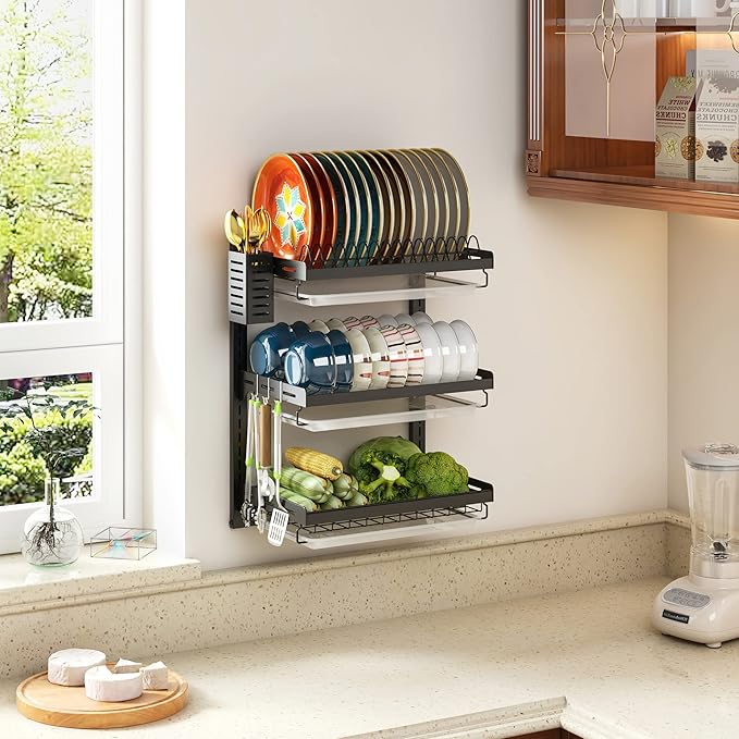PUSDON Wall Mounted Dish Drying Rack, 3 Tier Stainless Steel Hanging Dish Drainer with Cutlery Holder, Drainboard and Hooks, Fruit Vegetable Kitchen Supplies Plates Bowls Cups Storage Shelf, Black