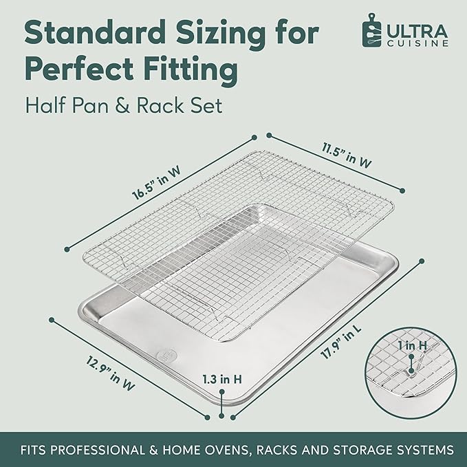 Ultra Cuisine Aluminum Baking Sheet with Stainless Steel Cooling Rack Set -Half Sheet Size Pan 13 x 18 inch, Durable Rimmed Sides, Easy Clean, Commercial Quality for Cooking and Roasting