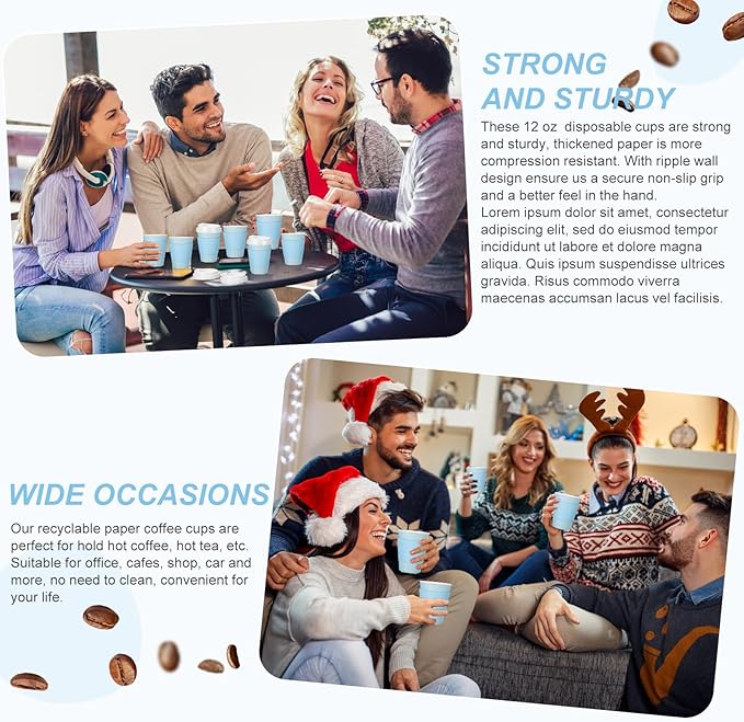 Patelai 48 Pcs 12 oz Disposable Coffee Cups with Lids and Sleeves Bulk, Insulated Hot Chocolate Paper Cup for Hot and Cold Beverage Water Juice Cocoa Tea Party Restaurants Travel Supplies (Blue)
