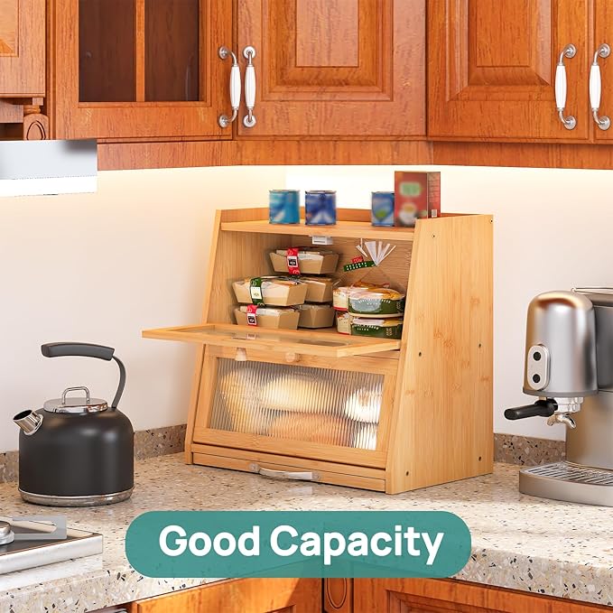 Large Bread Box for Kitchen Counter With Cutting Board, 2-Tier Bread Box, Bamboo Wood Large Capacity Bread Storage Bin with Acrylic Wavy Door Panel