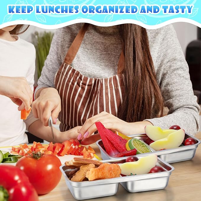 12 Pcs Stainless Steel Snack Containers 30 oz 2-compartment Meal Prep Containers Reusable Metal Divided Bento Box with Silicone Lids Leakproof Lunch Box Dishwasher Safe (White)