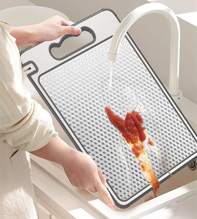 Double Sided 304 Stainless Steel & Wheat Straw Cutting Board,Non Toxic Lightweight Chopping Board, Dishwasher Safe,Scratch Resistant Mesh Design,3Pcs Cutting Board Set 16"*11"(1pack)&14.4"*9.8"(2pack)