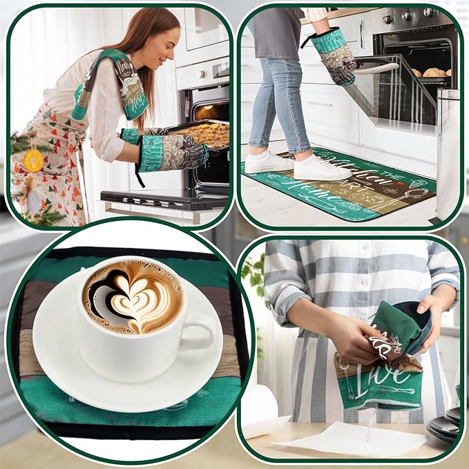 10 Pcs Farmhouse Kitchen Decor Teal Oven Mitts and Pot Holders Sets Vintage Kitchen Dish Towels Rustic Pattern Oven Gloves for Home Decorations Baking Cooking Birthday Valentines Gifts