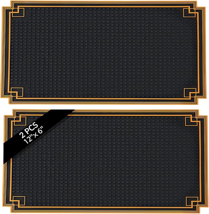 2 Pcs 12 x 6 Inch Bar Mat Non Slip Rubber Mat with Gold Border Durable Stylish Spill Cocktail Service Coffee Mats for Restaurants Barbershop Clippers Bartending, Black